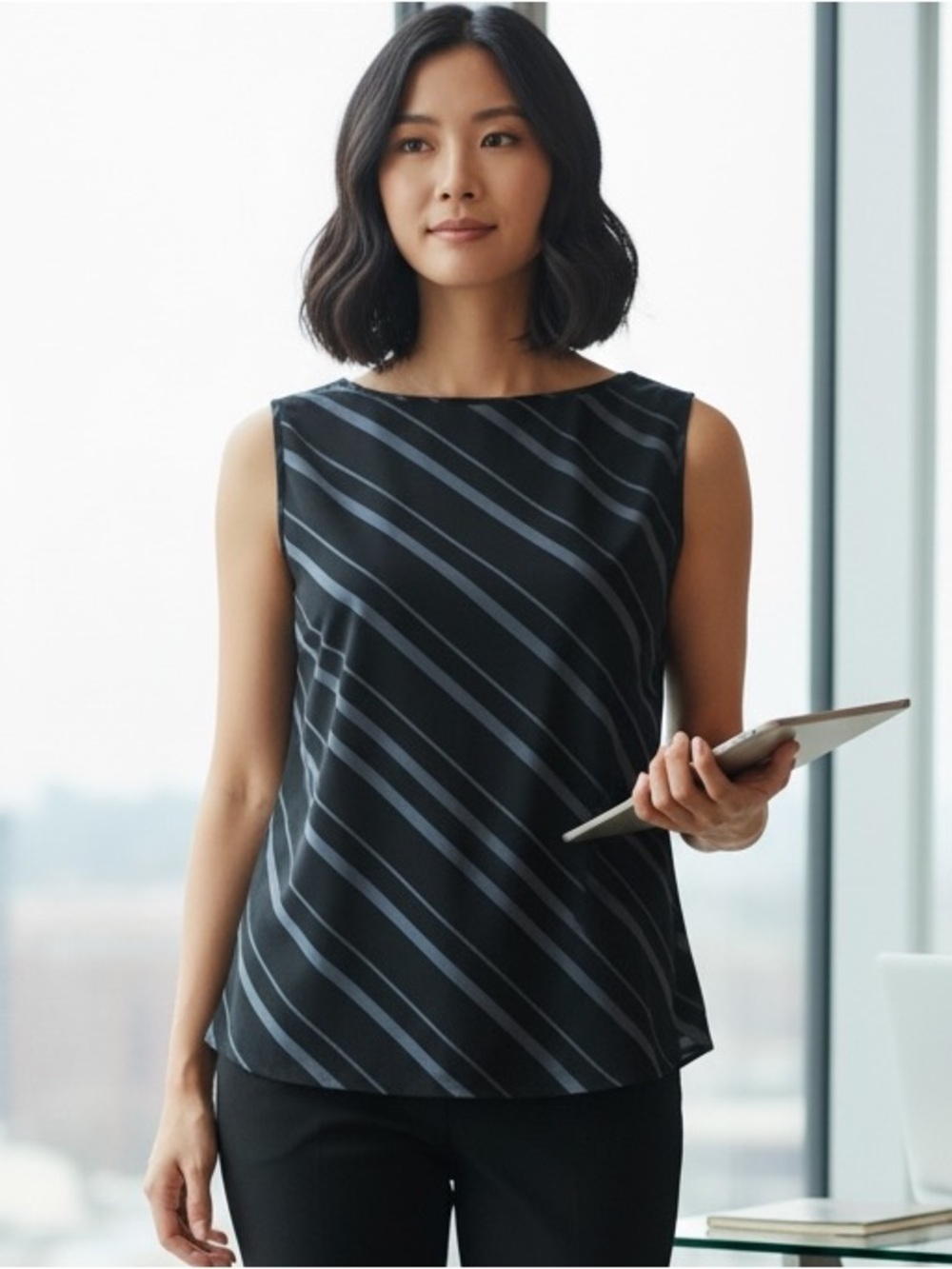 Amanda Smith Black and Light Blue Striped Shell Top